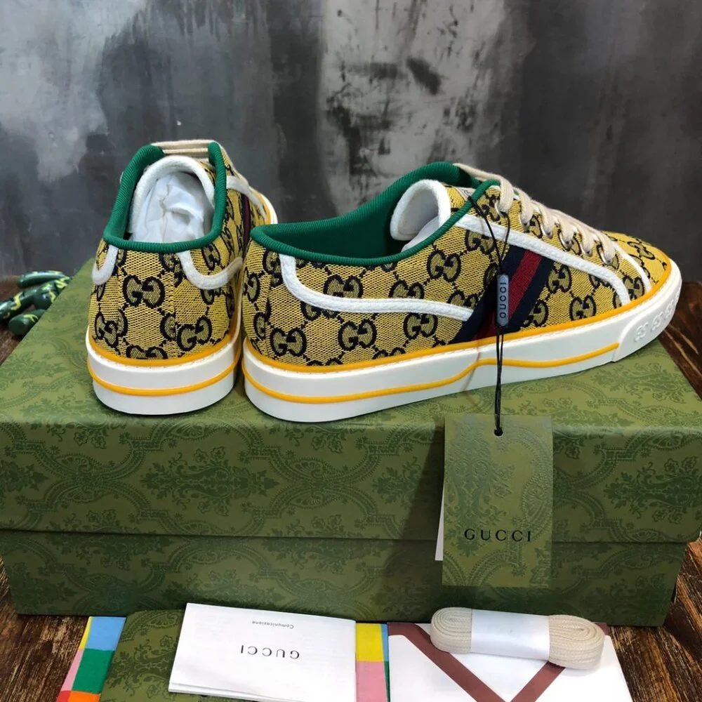 Gucci Yellow GG Canvas Sneakers with Green Trim and Red-Blue Web